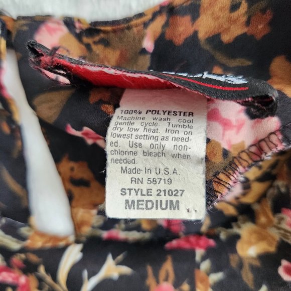 Vintage 90s Notations Black Floral Blouse Semi Sheer Stripes Short Sleeve Medium - Picture 12 of 16